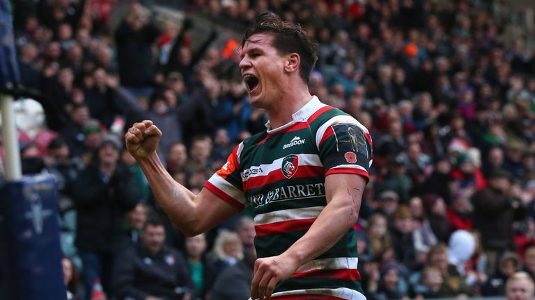 LEICESTER, ENGLAND - NOVEMBER 12:  Freddie Burns of Leicester Tigers celebrates after scoring the third try during the Anglo-Welsh Cup match between Leices