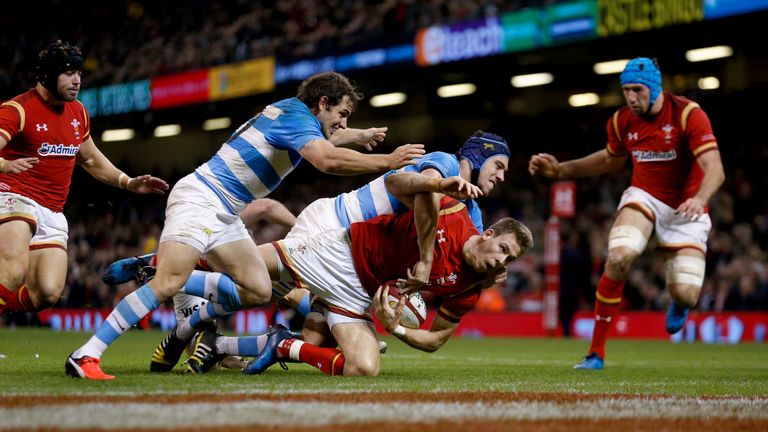 Liam Williams crosses for Wales' first try against Argentina