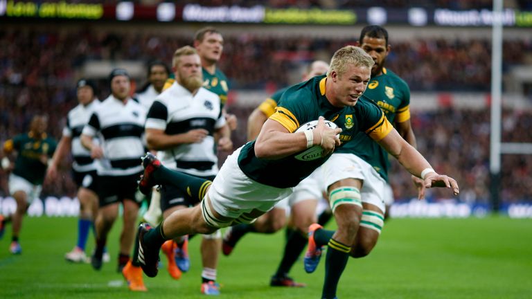 Pieter-Steph du Toit scores South Africa's first try against the Barbarians