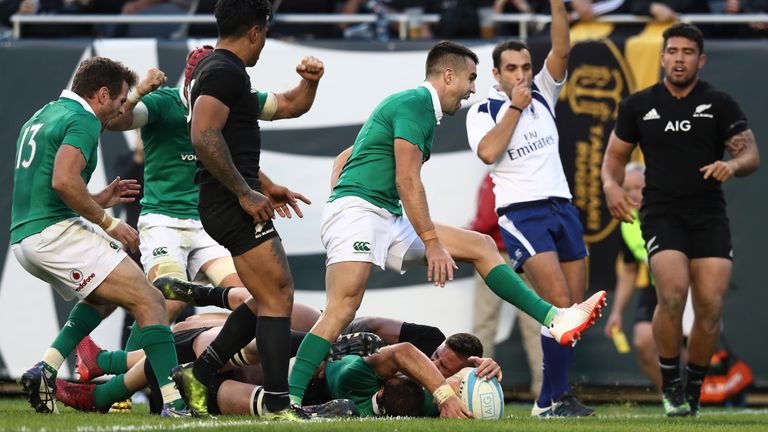 Robbie Henshaw crashes over to score Ireland's fifth try against New Zealand in Chicago