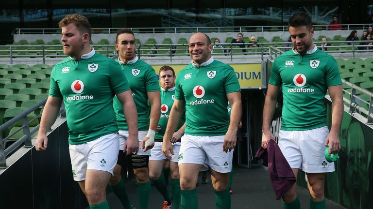 Ireland players (from left) Finlay Bealham, Ultan Dillane, Sean Cronin, Rory Best and Conor Murray arrive for the captain's run