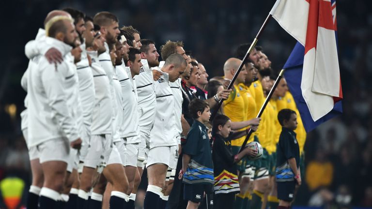 England's full-back Mike Brown lines up with teammates prior to a Pool A match of the 2015 Rugby World Cup between England and Australia at Twickenham stad