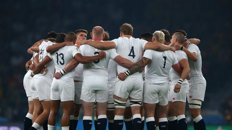 LONDON, ENGLAND - OCTOBER 03:  England huddle prior to the 2015 Rugby World Cup Pool A match between England and Australia at Twickenham Stadium on October