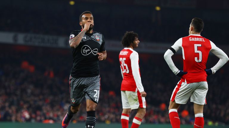 Ryan Bertrand celebrates scoring Southampton's second goal at the Emirates