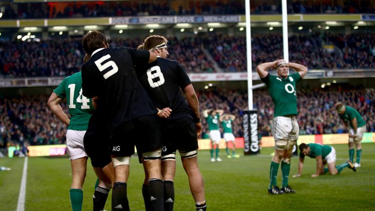 The All Blacks celebrate Ryan Crotty's last-gasp try in 2013