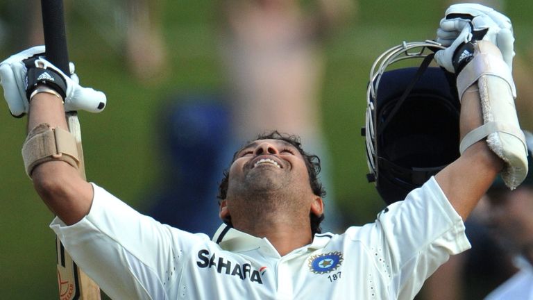 Sachin Tendulkar celebrates his 50th Test century during the 1st Test match between South Africa and India
