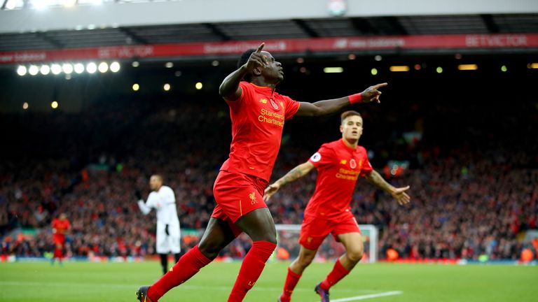 LIVERPOOL, ENGLAND - NOVEMBER 06:  Sadio Mane of Liverpool celebrates scoring his sides first goal during the Premier League match between Liverpool and Wa