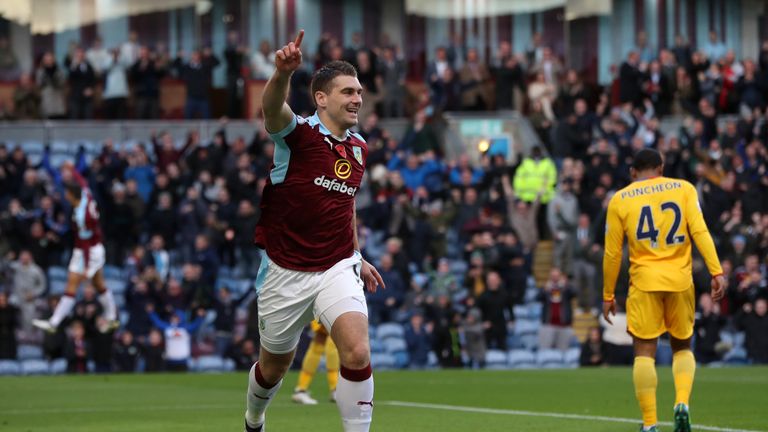 Sam Vokes of Burnley celebrates scoring his sides first goal during the Premier League match between Burnley and Crystal Palace