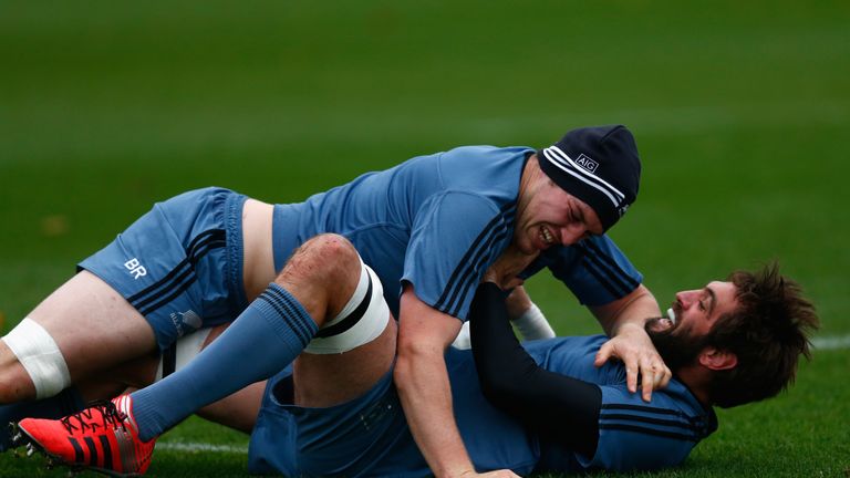 LONDON, ENGLAND - NOVEMBER 06:  Brodie Retallick and Sam Whitelock of the All Blacks warm up during a training session