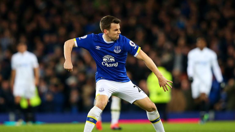 Seamus Coleman of Everton celebrates scoring his sides first goal during the Premier League match against Swansea.