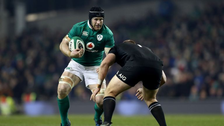 Sean O'Brien of Ireland is tackled during the international rugby match between Ireland and the New Zealand All Blacks 