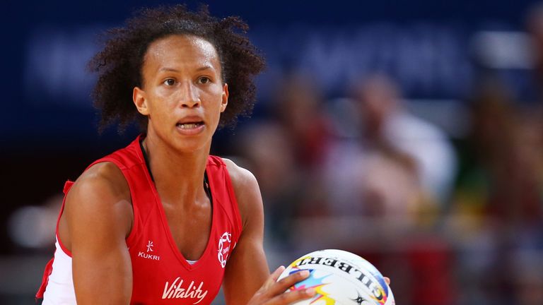 Serena Guthrie of England looks for support the 2015 Netball World Cup Bronze Medal match between England and Jamaica