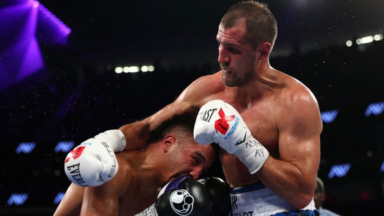 Sergey Kovalev of Russia battles Andre Ward during their light heavyweight title bout at T-Mobile Arena on November 19.
