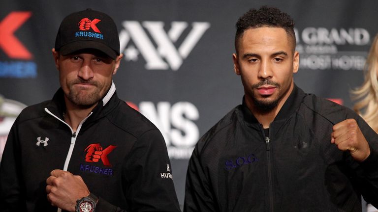 Sergey Kovalev (left) and Andre Ward pose in Las Vegas on Thursday