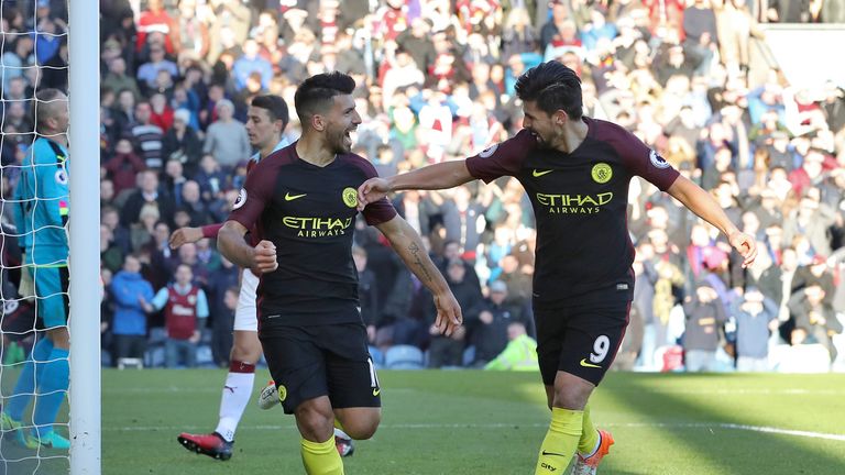 Manchester City's Sergio Aguero (left) celebrates with team-mate Nolito 