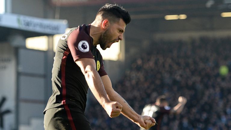 Sergio Aguero celebrates after equalising for Manchester City at Burnley