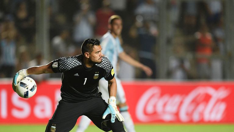 Sergio Romero in action against Colombia during clears the ball during a 2018 FIFA World Cup qualifier