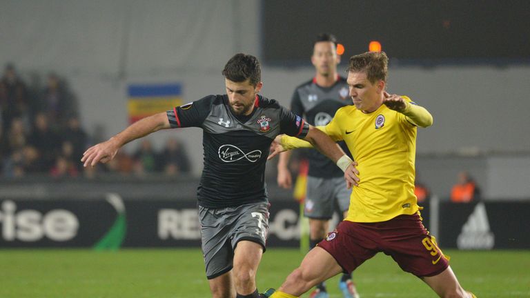 Borek Dockal of AC Sparta Praha vies for the ball with Shane Long of Southampton FC during the UEFA Europa League group K football match between AC Sparta 
