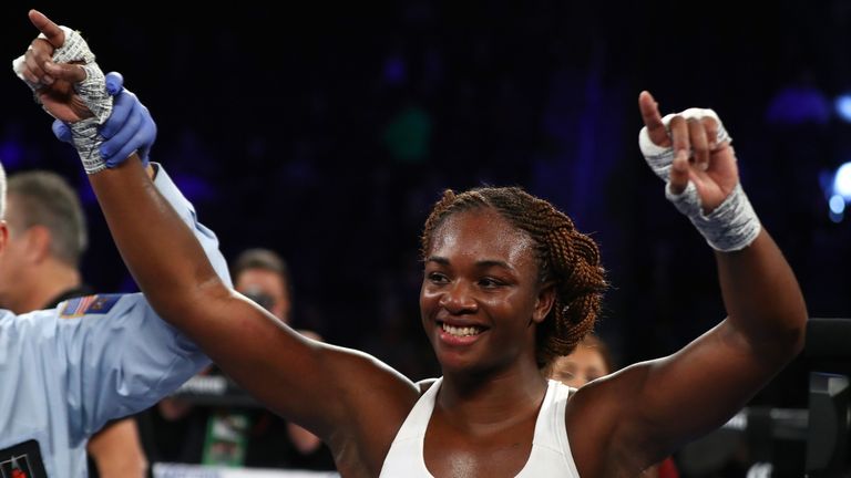 Claressa Shields celebrates her unanimous-decision victory over Franchon Crews during their super middleweight bout at T-Mob