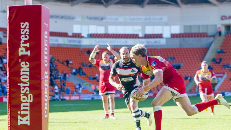 Sheffield's Cory Aston scores against London Broncos