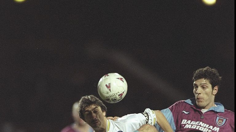 20 Jan 1997:  Ian Rush of Leeds tangles with Slaven Bilic of West Ham during the FAcup third round tie between West Ham United and Leeds United at Upton Pa