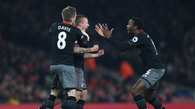 Jordy Clasie of Southampton celebrates with team mates after scoring against Arsenal
