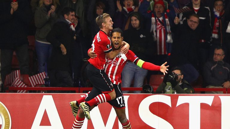 Virgil van Dijk of Southampton celebrates after scoring against Inter