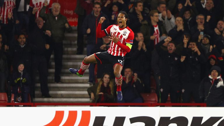 Virgil van Dijk celebrates after scoring for Southampton against Inter