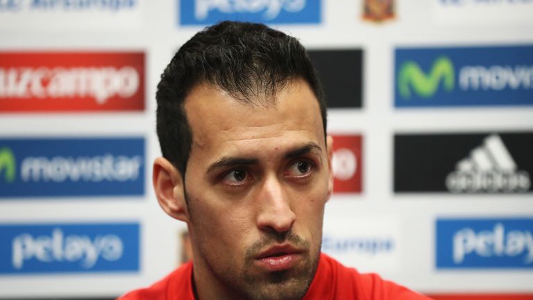 Sergio Busquets of Spain talks during a press conference at Wembley Stadium 
