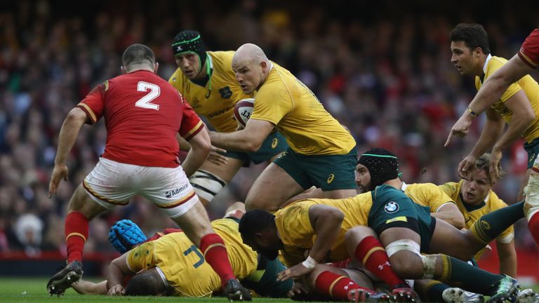 CARDIFF, WALES - NOVEMBER 05:  Stephen Moore of Australia takes on Ken Owens  during the International match between Wales and Australia at the Principalit