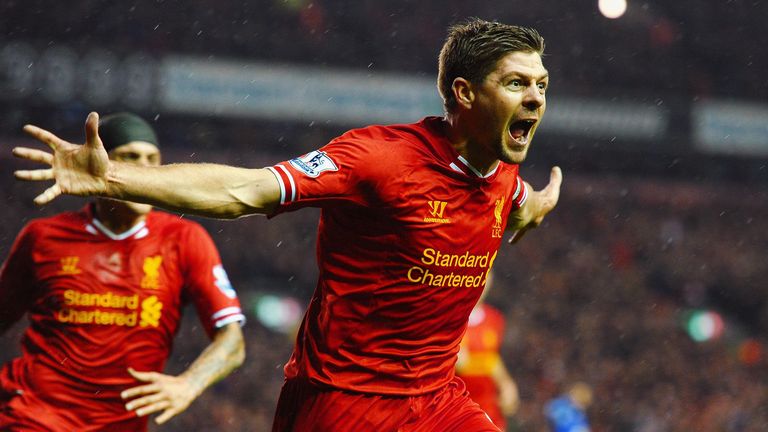 LIVERPOOL, ENGLAND - JANUARY 28:  Steven Gerrard of Liverpool celebrates after scoring the opening goal during the Barclays Premier League match between Li