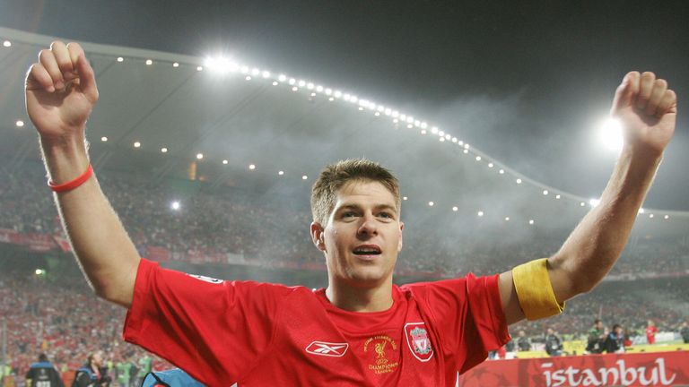 ISTANBUL, Turkey:  Liverpool's England's captain and midfielder Steven Gerrard greets supporters during the honour lap at the end of the UEFA Champions lea