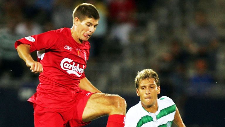 Steven Gerrard in action against Celtic's Stilian Petrov in 2004
