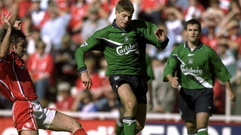 21 Aug 1999:  Steve Gerrard of Liverpool in action during the FA Carling Premiership match against Middlesbrough played at the Riverside Stadium in Middles