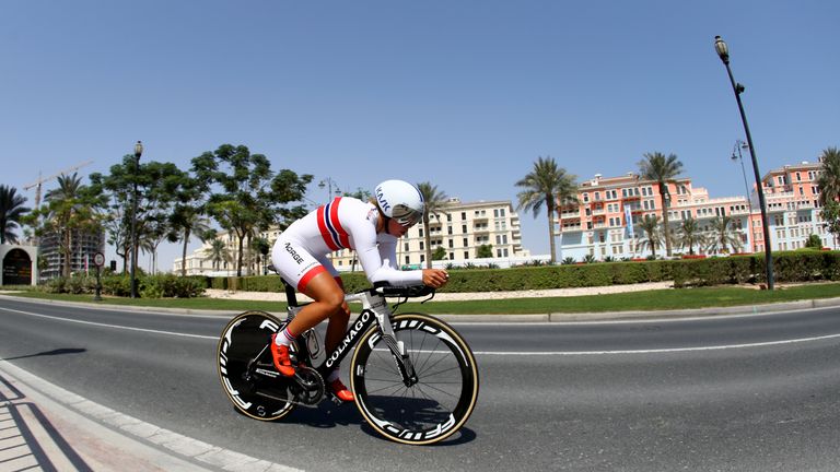 DOHA, QATAR - OCTOBER 10:  Susanne Andersen of Norway competes in the Junior Women's Individual Time Trial during day two of the UCI Road World Championshi