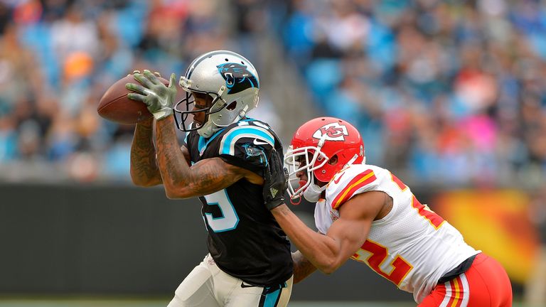 CHARLOTTE, NC - NOVEMBER 13: Ted Ginn #19 of the Carolina Panthers makes a catch against Marcus Peters #22 of the Kansas City Chiefs in the 1st quarter dur