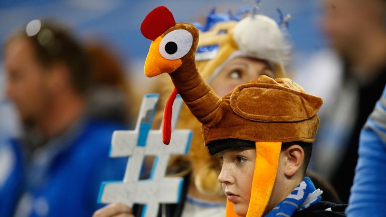 DETROIT, MI - NOVEMBER 27: A young fan with a turkey hat looks on during the Thanksgiving day game between the Detroit Lions and Chicago Bears at Ford Fiel
