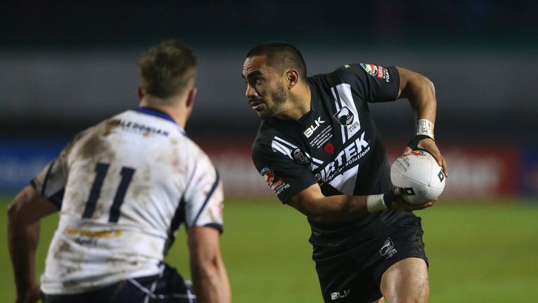 Thomas Leuluai of New Zealand looks to pass the ball during the Four Nations match against Scotland