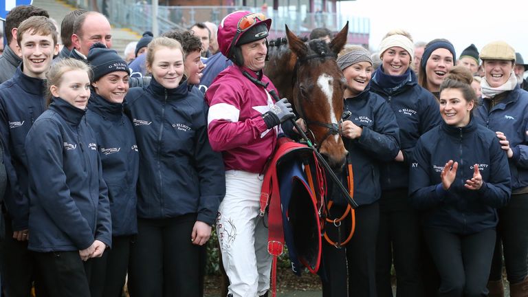 Three Swallowsnick and jockey Jamie Codd celebrate with grooms from Gordon Elliott's Cullentra House Stables after their sixth winner at Navan.