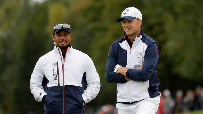 CHASKA, MN - SEPTEMBER 28: Jordan Spieth and vice-captain Tiger Woods of the United States look on during practice prior to the 2016 Ryder Cup at Hazeltine