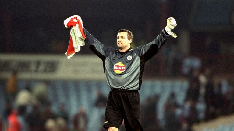 Leicester City keeper Tim Flowers celebrates a clean sheet in the Worthington Cup semi-final first leg match against Aston Villa