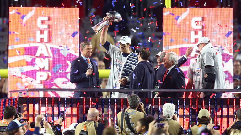 Tom Brady celebrated his third Super Bowl victory as the Patriots held on to a 28-24 lead