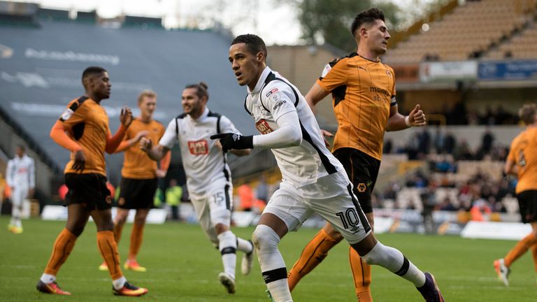 WOLVERHAMPTON, ENGLAND - NOVEMBER 5: Tom Ince of Derby County celebrates scoring a penalty during the Sky Bet Championship match between Wolverhampton Wand