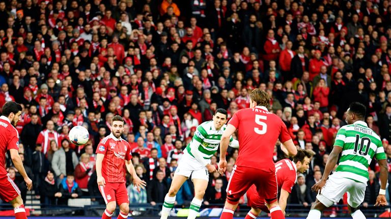 Celtic midfielder Tom Rogic scores the opening goal in the League Cup final at Hampden