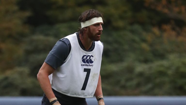BAGSHOT, ENGLAND - NOVEMBER 08:  Tom Wood looks on during the England training session at Pennyhill Park on November 8, 2016 in Bagshot, England.  (Photo b
