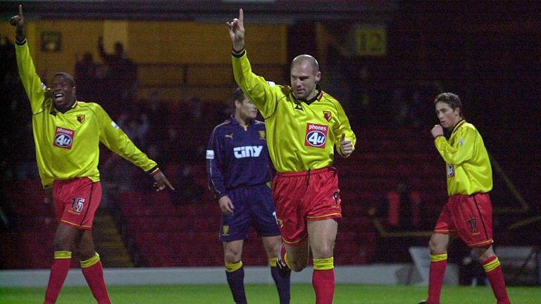 2 Jan 2001:  Tommy Mooney (centre) of Watford celebrates after scoring the first Watford goal during the Nationwide First Division league match between Wat