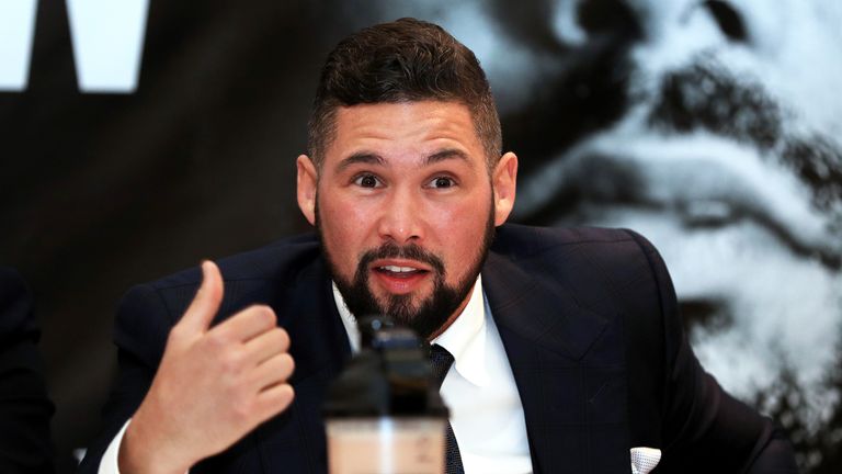 Tony Bellew gestures during the press conference for his fight with David Haye