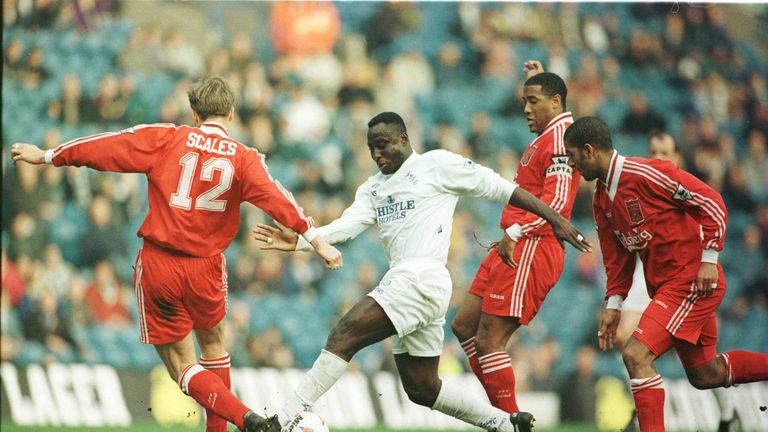 Tony Yeboah of :Leeds in action against Liverpool at Elland Road