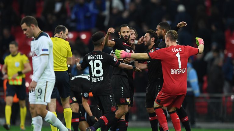 Bayer Leverkusen players celebrate victory over Spurs