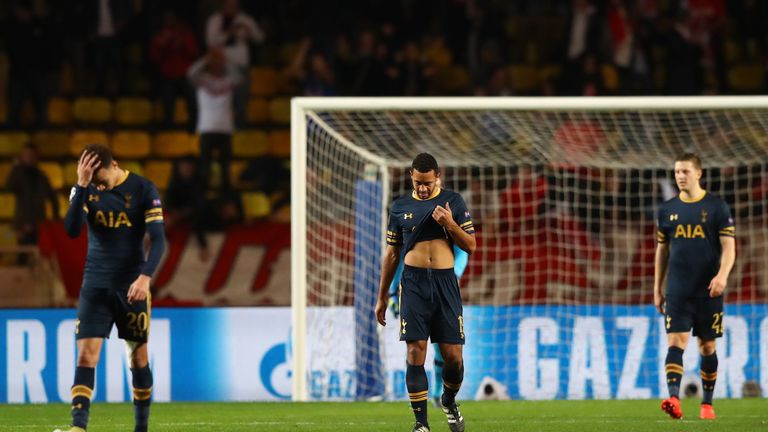 MONACO - NOVEMBER 22:  Dejected Tottenham Hotspur players react after conceding their second goal during the UEFA Champions League Group E match between AS